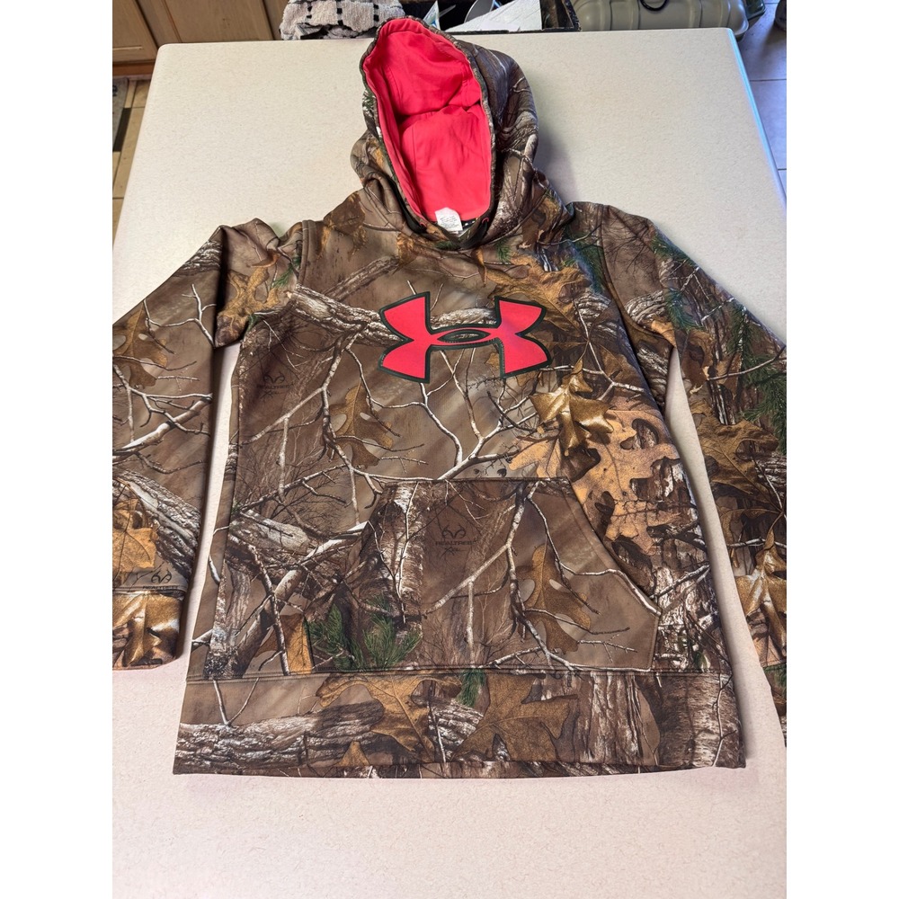 Under Armour Womens Realtree Camo Hoodie Pink Logo Fleece Sweatshirt Small